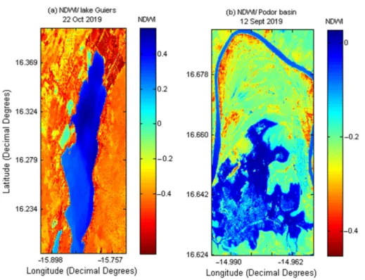 Figure 4. Use of Normalized Difference Water Index (NDWI) tested on the images of Lake Guiers (a)  and Podor basin (b)
