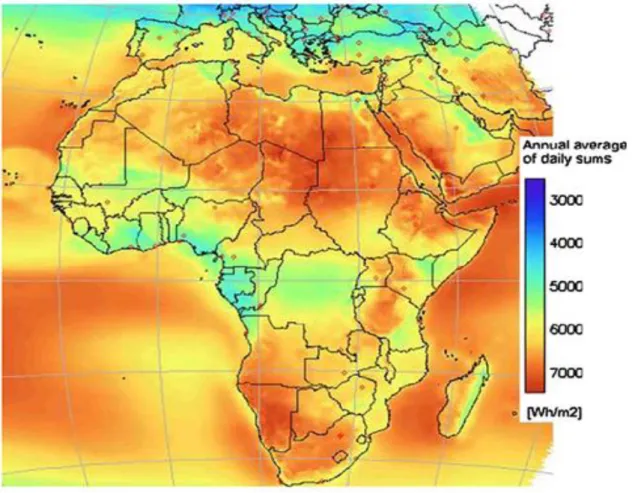 Figure I.1: Moyenne annuelle de l’irradiation solaire en Afrique [7] 