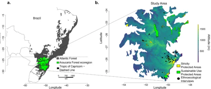 Fig. 2. (a) The Atlantic Forest (dark gray) with the Araucaria Forest ecoregion (green) showing the three Brazilian states which mainly encompass the ecoregion: Paraná (PR), Santa Catarina (SC), and Rio Grande do Sul (RS); (b) The Araucaria Forest altitude