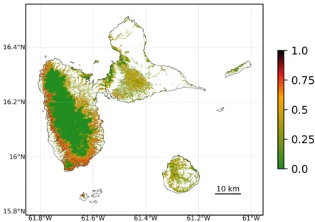 Figure 1: Map of the spatial probability of deforestation in the Guadeloupe archipelago