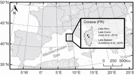 Figure 1. Geographical context of Corsica (France) and lakes from which sedimentary charcoals were  extracted: Nino (the present study), Creno [42], and Bastani  [33] 