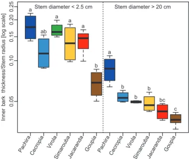 Fig. 3.  Across-species variation in relative bark thickness in large and  small trees belonging to six tropical tree species in the tropical rainforest  of French Guiana