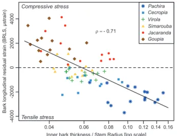 Fig. 6.  Variations in bark residual longitudinal strain (BRLS) as a function of  relative bark thickness in six tropical tree species in the tropical rainforest  of French Guiana