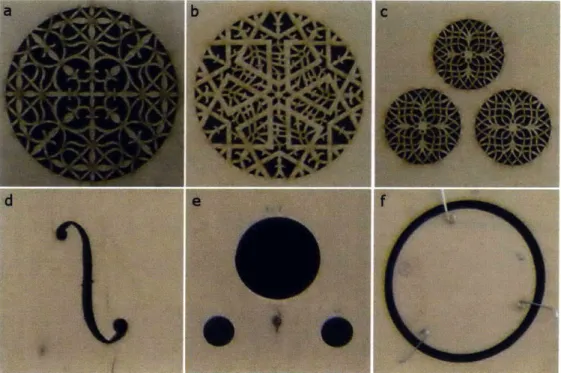 Figure  A-4:  Opening  patterns:  (a)  Lute  rose  (Wendelin  Tiffenbrucker  [1]),  (b)  Lute rose  (Warwick  Hans  Frei  [1]),  (c)  Theorbo  rose  [1],  (d)  Violin  f-hole,  (e)  Oud  rose