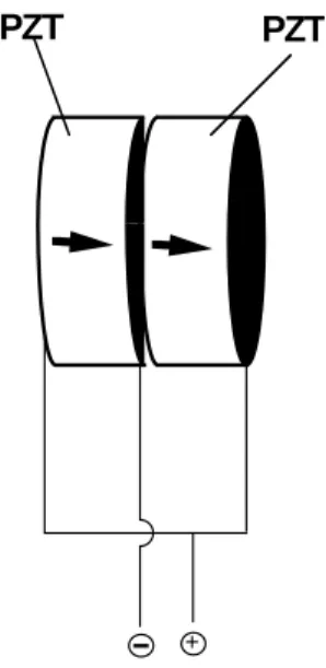 Figure 2: Schematic diagram of a dipole transducer. Two PZT crystal disks, with sides of like polarization glued together