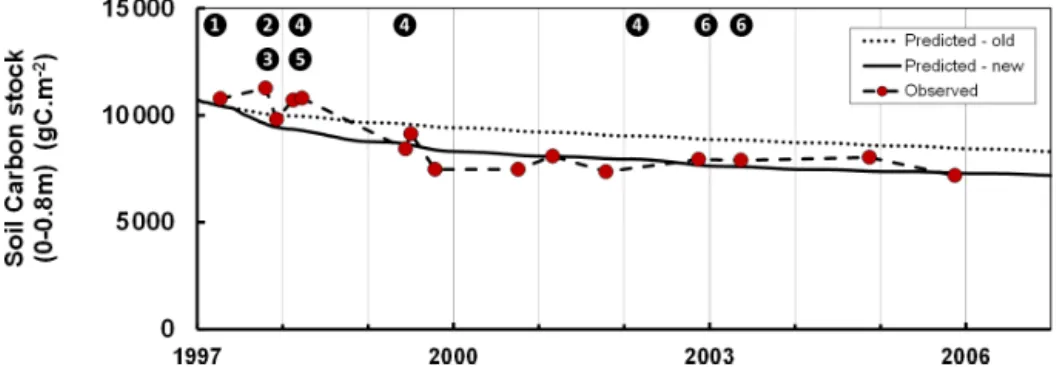 Figure 4. Changes in the soil organic carbon stock during the regeneration phase following a clear-cut of a maritime pine stand as simulated by the GO+ model with and without adaptation for soil preparation (full and dotted lines, respectively) and measure