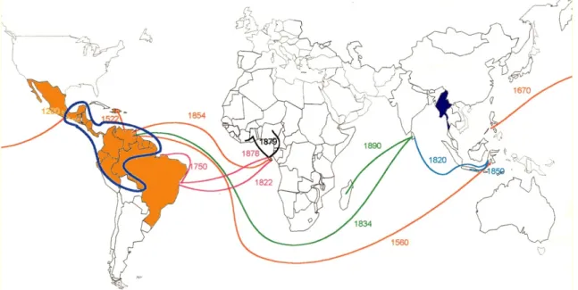 Figure 1. Expansion of cocoa cultivation from its area of origin, the American continent