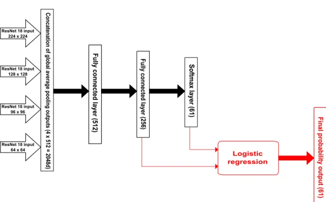 Figure 6 Structure of the ensemble network without (black) and with (red) machine learning prediction on deeply learned features (outputs of the two last layers of the MLP are concatenated and passed as input to a logistic regression)