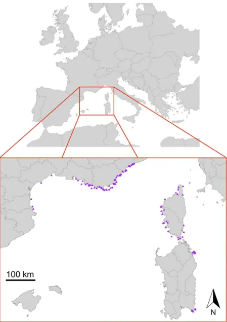 Figure 2 Localization of the 121 study sites (South of France, Corsica and Sardinia).