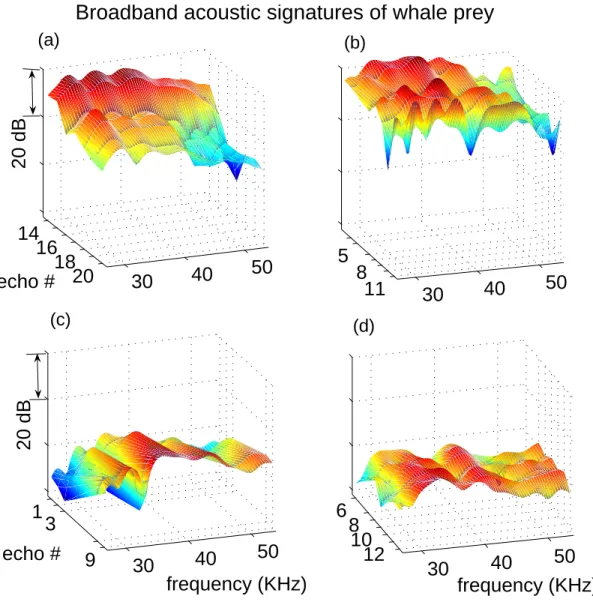 Figure 2-4: Broadband acoustic signatures of four prey selected by the whale. Each plot is comprised of frequency spectra of a series of echoes that make up one echo train