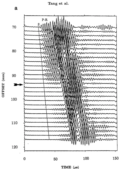 Figure 10: Experimental array waveform data for pseudo-Rayleigh waves. In (a), the fracture is 0.3 mm thick