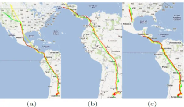 Fig. 8. An example of patterns discovered from Swainsoni dataset. (a) One of discovered closed swarms, (b) One of discovered convoys, (c) One of discovered group patterns.
