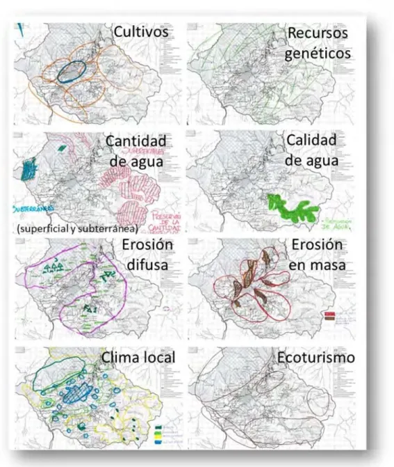 Figura 11. Mapas de las zonas percibidas como más importantes para la producción de servicios    ecosistémicos (ver mapas más grandes en Anexo 7)      4.4 B LOQUE  4:   M ÉTODOS Y DATOS   Se presentaron y discutieron propuestas de métodos y los participant