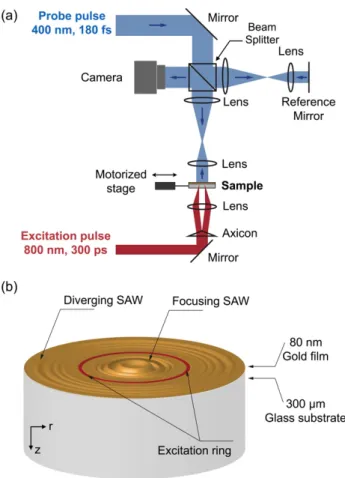 FIG. 1. Optical setup and sample configuration. (a) The axicon-lens combination is used to focus the  excitation into a ring on the gold-coated surface of the glass substrate