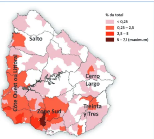Figure 2. production laitière en uruguay par département (en % du total) et localisation des principaux bassins laitiers