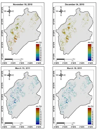 Figure 6 shows the temporal variation of soil moisture esti- esti-mated by RADARSAT-2 for four different dates (18  Novem-ber and 4 DecemNovem-ber 2011; 15 and 18 March)