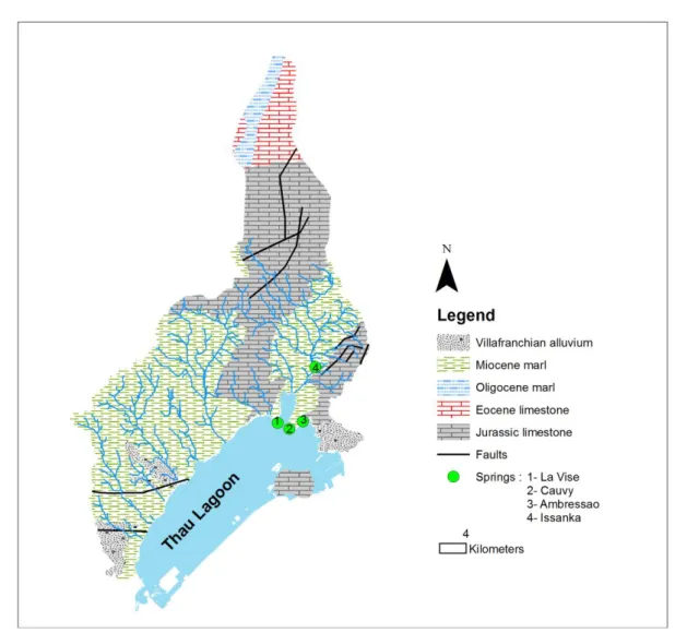 Figure 1: Simplified geological map of the Thau karstic system  155 