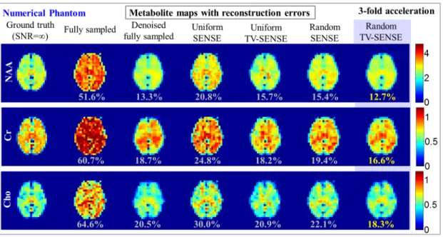 Figure 3.4: Single-Slice Numerical Phantom. Reconstructed NAA, creatine, and choline maps obtained from the six acquisition and reconstruction methods with a reduction in scan time by a factor of three