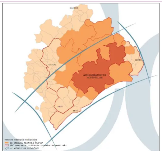 Figure 10: extract of the SCoT book of Montpellier Agglomération: “towards a  multipolar metropolis” (page 126), with the different perimeters of Montpellier  Agglomeration (in dark orange), the functional urban area (in medium orange)  and the other local