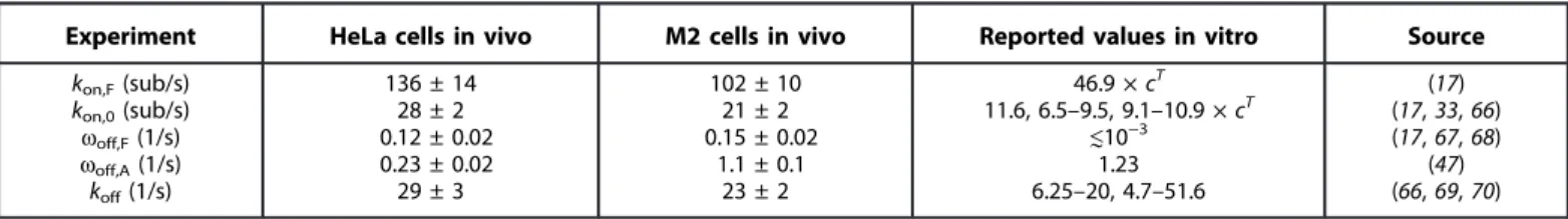 Table 1. Summary of parameters of filament growth kinetics inferred from FSM experiments and single-molecule simulations compared with values in vitro from the literature for CA-Diaph1 and actin molecules