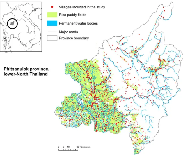 Figure 1. Study area in lower-Northern Thailand. Phitsanulok province and location of the 1032 villages included in the study.
