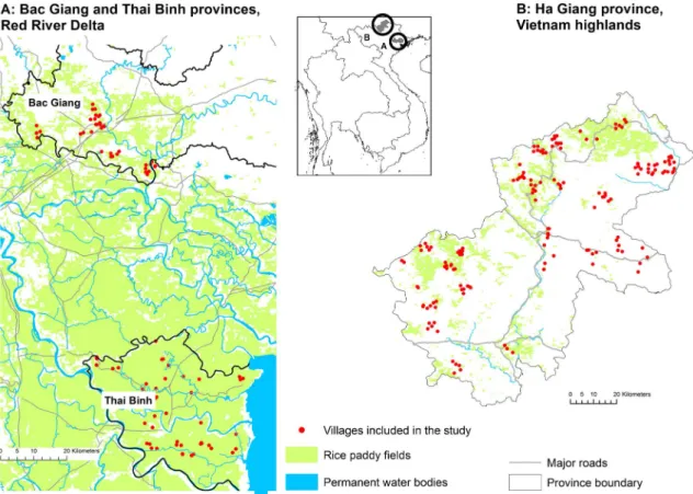 Figure 2. Study area in Vietnam. 2A: Bac Giang and Thai Binh provinces, in the Red River Delta, and location of the 83 villages included in the study