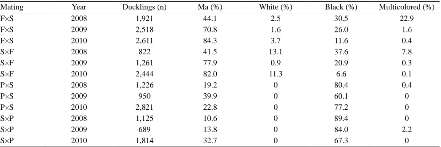 Table 1. Crossbreeding tests for down color in one-day old ducklings: number n of ducklings, percent of ducklings in ma, white, black  and multicolored classes in the years 2008, 2009, and 2010 