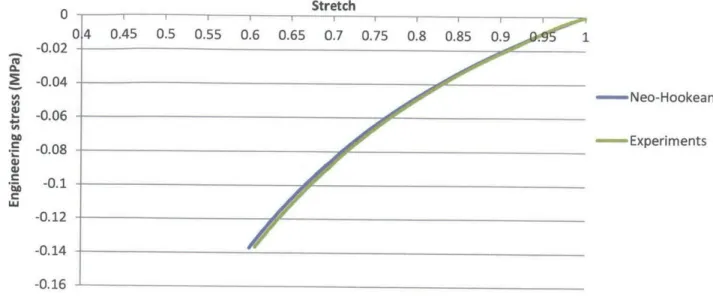Figure  2.2  Engineering stress  vs. principle  stretch.  Comparison  between experiment  and Neo- Neo-Hookean  model