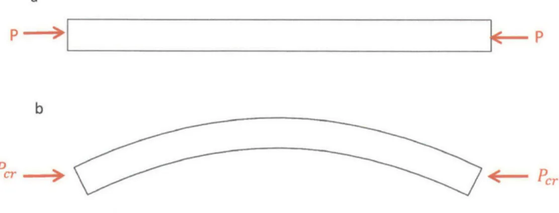 Figure 3.6  (a)  A  beam  subject to compressive  load (b)  The  first buckling  mode  of the beam when the load  reaches  a  critical value.