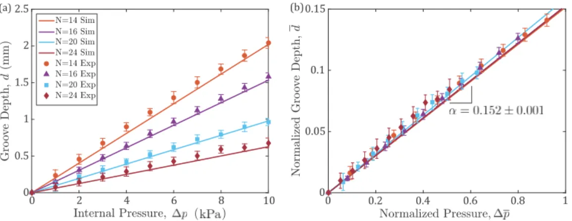 FIG. 4. (a) Groove depth, d, vs pressure differential, p, for samples with different numbers of grooves; see legend, which also applies to panel (b)