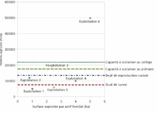 Figure 4 : Représentation des revenus dégagé par exploitation en fonction de la surface exploitée par actif familial