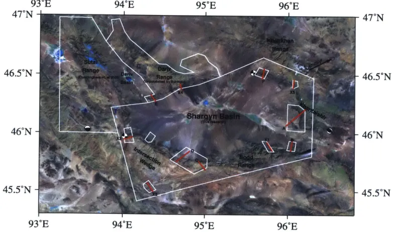 Figure  3:  Landsat  Imagery basemap  showing important  locations for this study.  The  large white  box surrounding  the  Shargyn  Basin  is  the  new  mapping  from  this  study