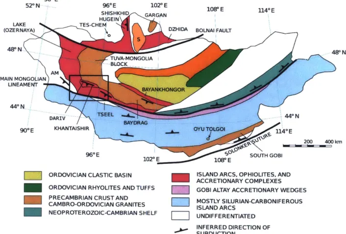 Figure  5:  Schematic  tectonostratigraphic  map  of  Mongolia.  The  area  we  studied  is  located  in  the outlined  box