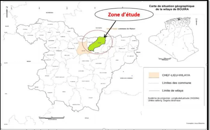 Figure I.1 Plan de situation de commune concernées par le projet dans la carte géographique de  BOUIRA (source : APC HAIZER)