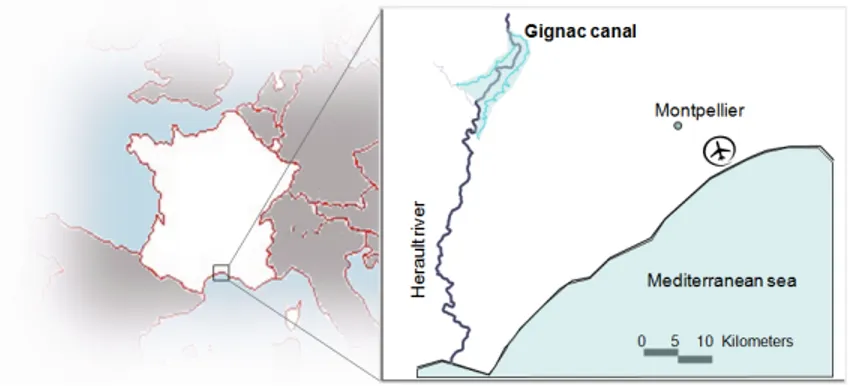 Figure 5: Location of Gignac canal in southern France. The canal takes water from the Hérault river, with two branches irrigating a total area of 3000 ha, where mainly vineyard is grown.