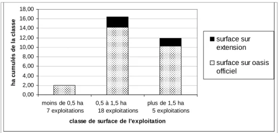 Figure 2. Surface « officielle » et sur exstension des palmeraies par classe de dimension des exploitations