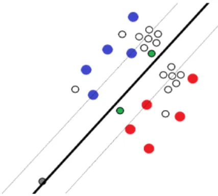 Fig. 3. The SVM decision boundary is shown as the thick black line, and the margin is the distance between the thin lines to either side