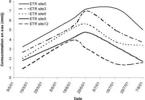 Fig. 4 – Evolution de la consommation en eau moyenne d´ ecadaire de la tomate en fonction des sites.