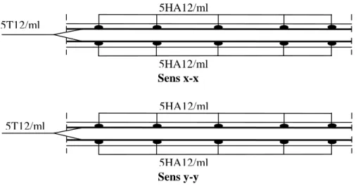 Figure III.13 : Schéma de ferraillage de la dalle  5HA12/ml 5HA12/ml 5T12/ml Sens x-x 5HA12/ml 5HA12/ml 5T12/ml Sens y-y 