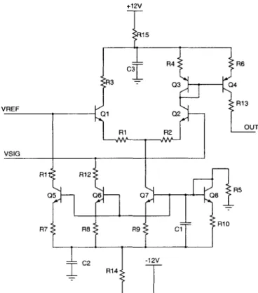 Figure  3-6:  New  front  end  for  video  board.  Q,  and  Q2  are  a  differential  pair  which subtract  Vrej  from  Vsig