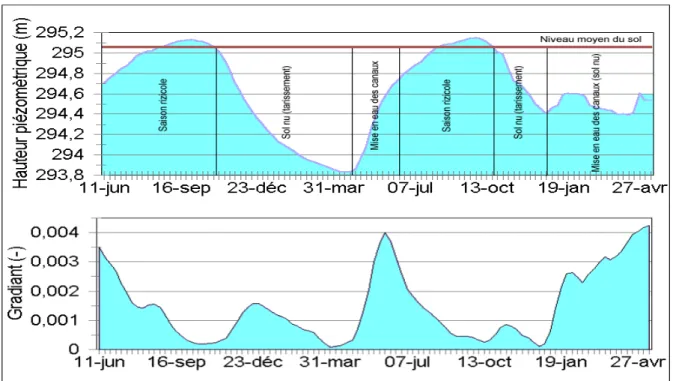 Figure 5. Dynamique de la nappe sur  l’arroseur N1-2D-3g  de juin 1997 à avril 1999 :  Evolution de la hauteur de la nappe et du gradient hydraulique moyen de l’arroseur au  centre de la parcelle 