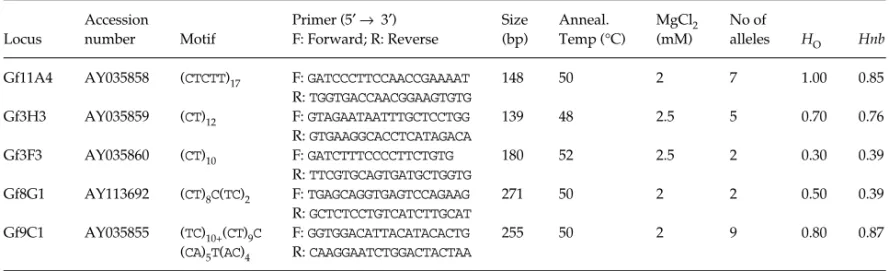 Table 1  Gyps fulvus microsatellite loci. The locus, accession number, number of motif repeat, primers, and size of the amplification product from the clones are indicated, annealing temperature, MgCl 2  concentrations, number of alleles obtained along wit