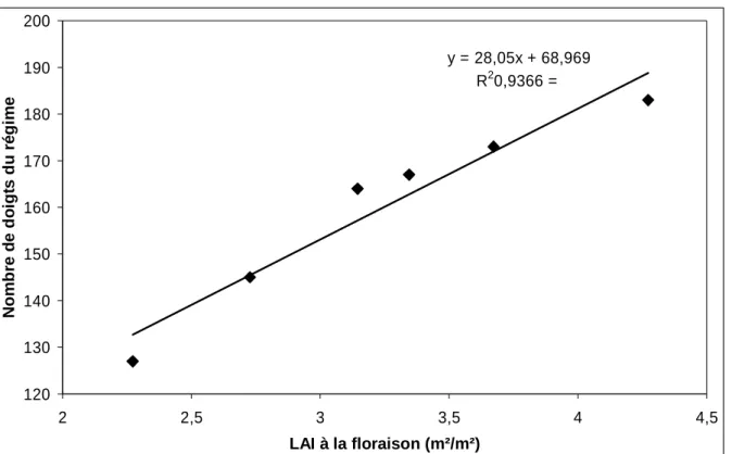 Figure II-11. Relation entre le nombre de doigts du régime et la surface foliaire (m².plante-1)  (d’après Jannoyer 1995)