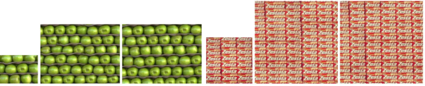 Figure 2. Improved image quilting results. Left to right: input texture sample, image quilting results, our results.