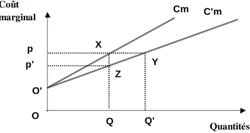 Fig. 5 : Impact des prix garantis sur le changement technique Quantités Coût marginal CmpQC'm Q'p'OYXO'Z