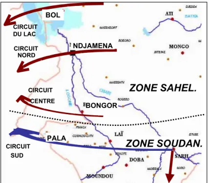 Figure 1. Carte des principaux flux de bétail tchadien à l'exportation.