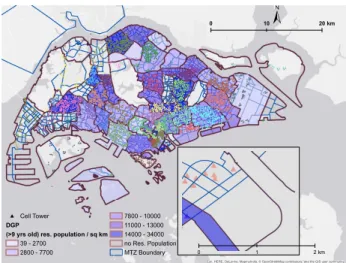 Fig 1 exhibits the population density at the DGP level, and illustrates the spatial relationship of DGP, MTZ, and cellular towers