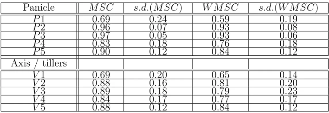 Table 3: Self-similarity coefficients and their standard deviation for rice panicles, the whole main axis V 1, and tillers V 2 − V 5
