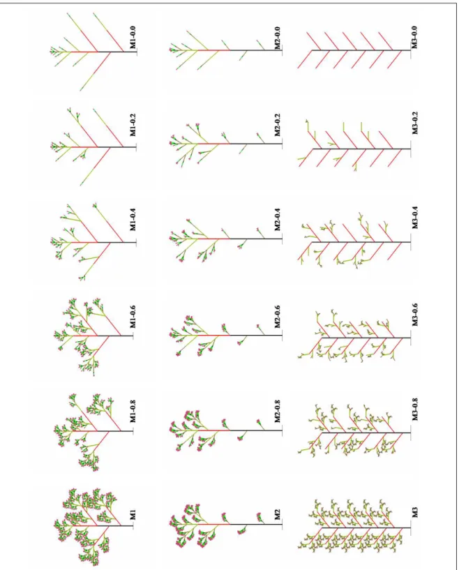 Figure 8: Theoretical plants: the M1 family (first row), the M2 family (second row), and the M3 family (third row).