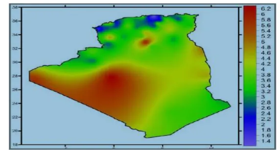Figure I.3. Carte annuelle des vents à 10 m du sol pour les 87 points de mesure (m/s) [4] 